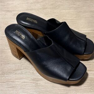 Michael Kors Black Leather Open-Toe Block Heel Mules